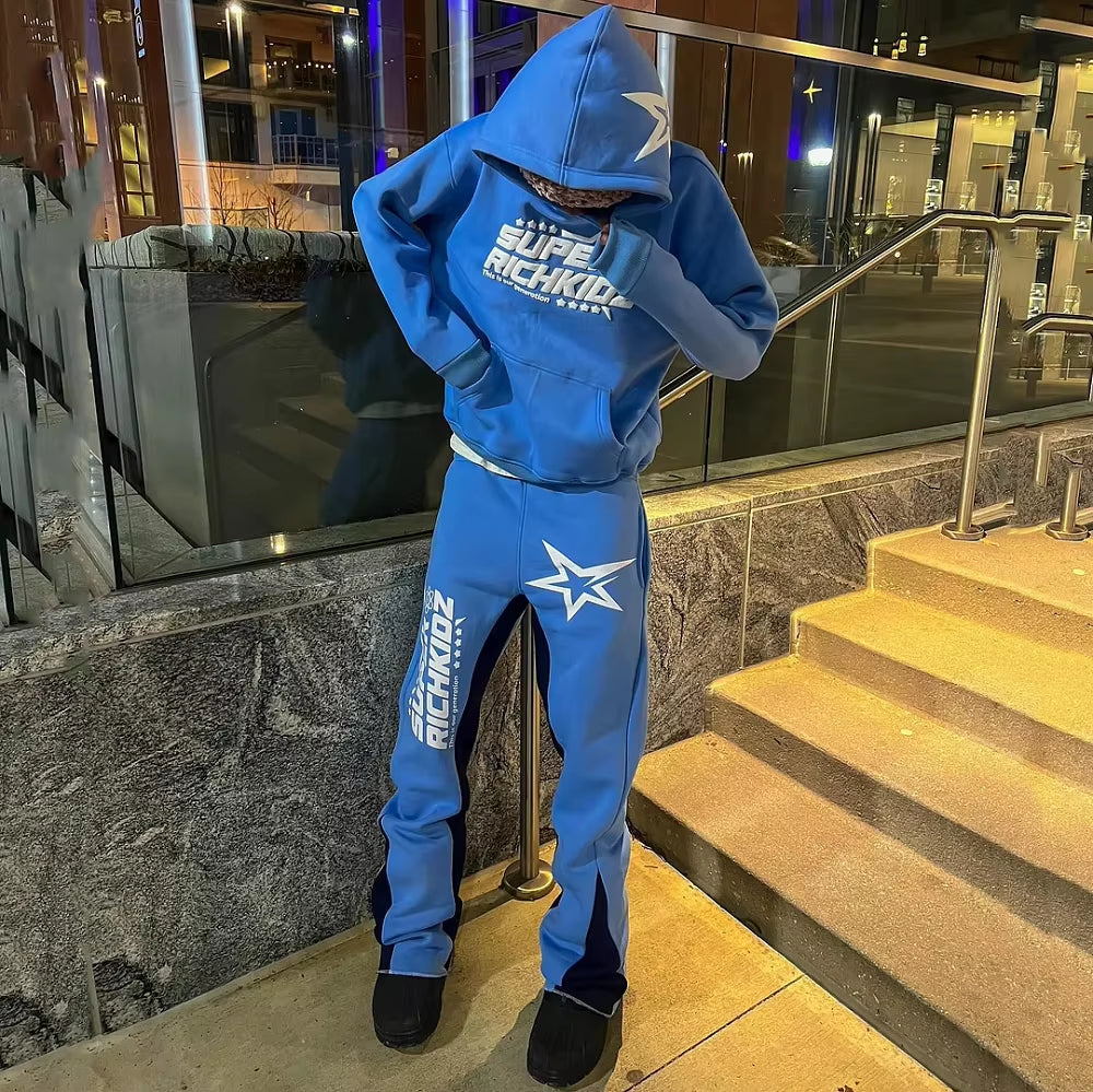 Y2K Autumn/Winter Hoodie Suit Flared Trousers Oversized Men'S Clothing Fashion Trend High Street Pants Casual Sets 2024