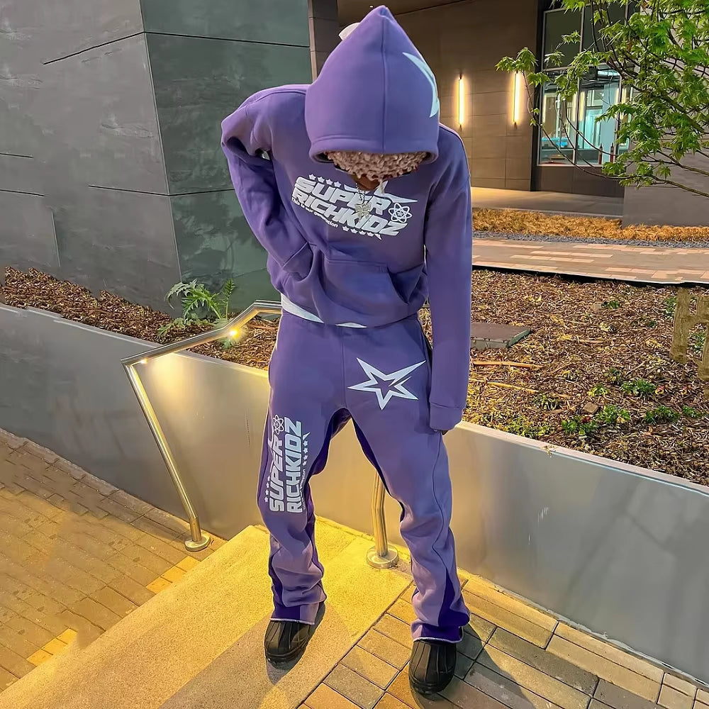 Y2K Autumn/Winter Hoodie Suit Flared Trousers Oversized Men'S Clothing Fashion Trend High Street Pants Casual Sets 2024